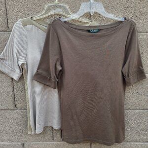 2 Lauren Ralph Lauren Women Brown & Striped Boat Neck 3/4 Sleeve Tops  Sz L
